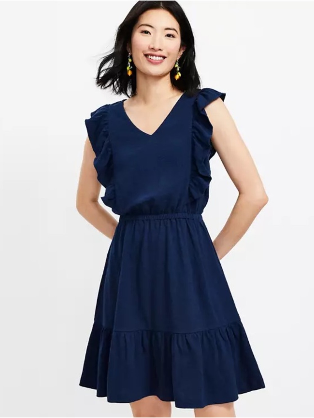 LOFT Navy V-Neck Ruffle Sleeve Mini Dress